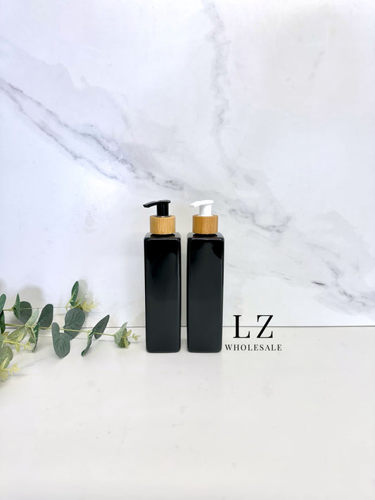 Black Square 250ml Bottle With Bamboo Pump