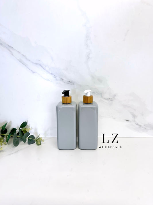 200x Grey Square 500ml Bottle With Bamboo Pump - Bulk Buy