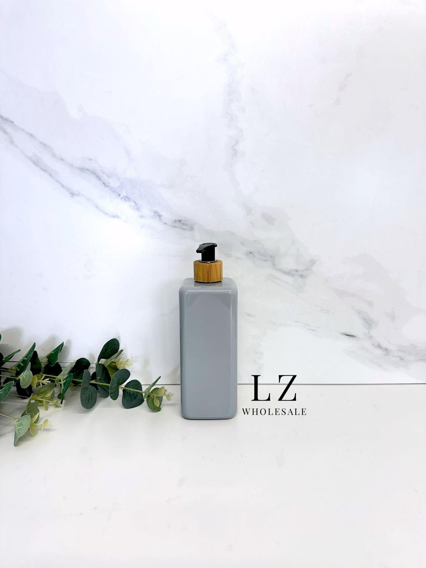 Grey Square 500ml Bottle With Bamboo Pump