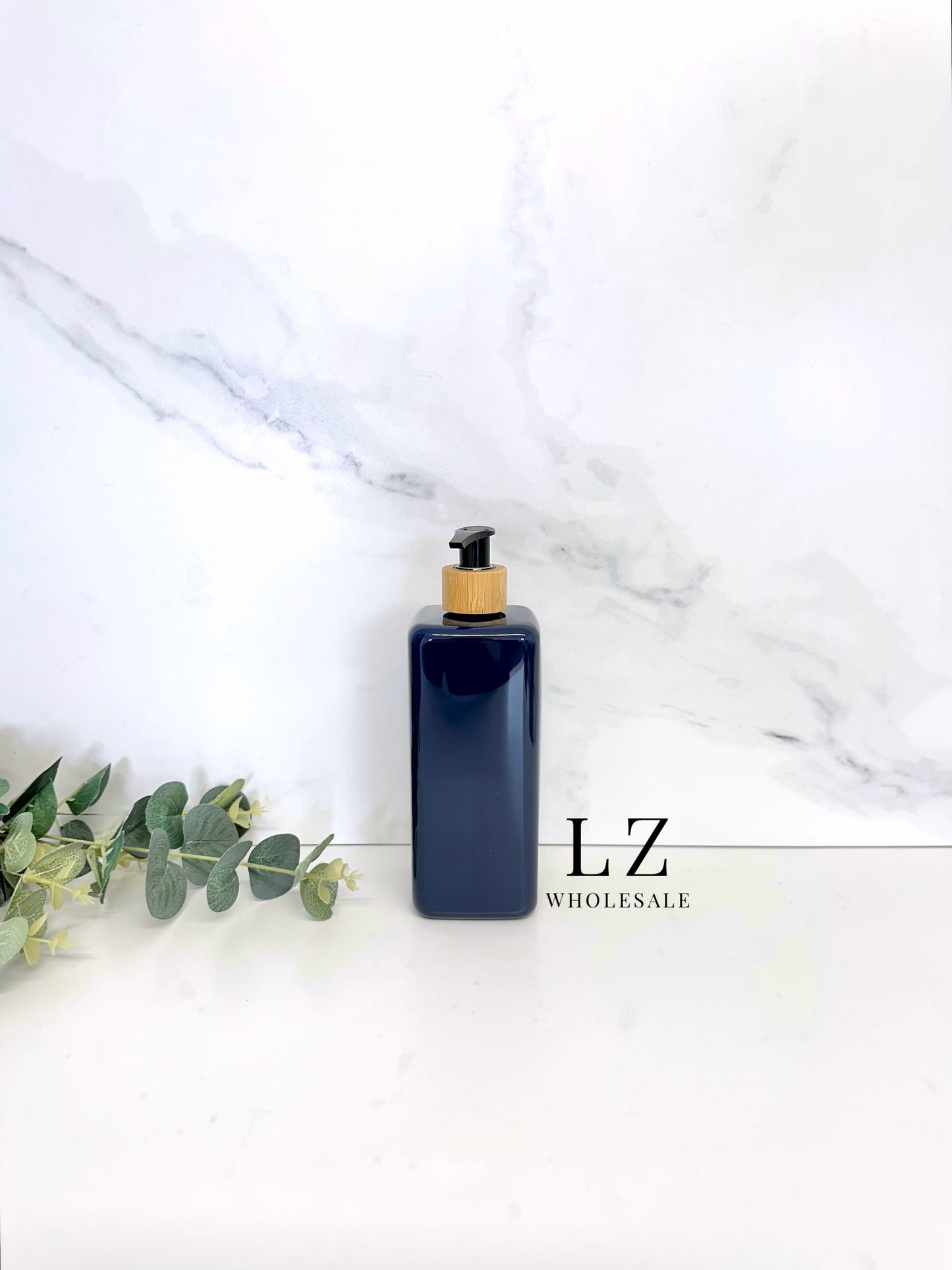 Navy Square 500ml Bottle With Bamboo Pump