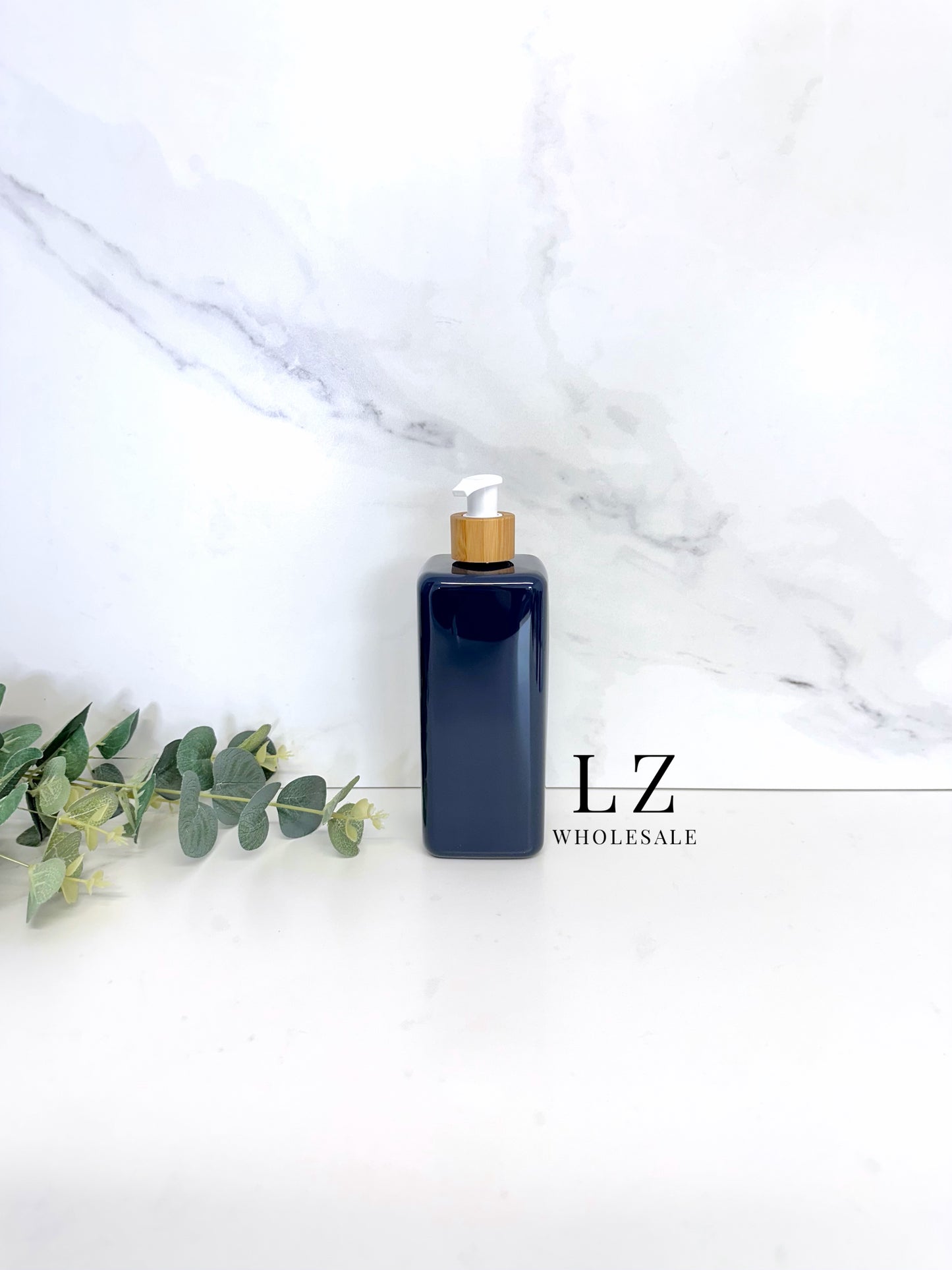 Navy Square 500ml Bottle With Bamboo Pump