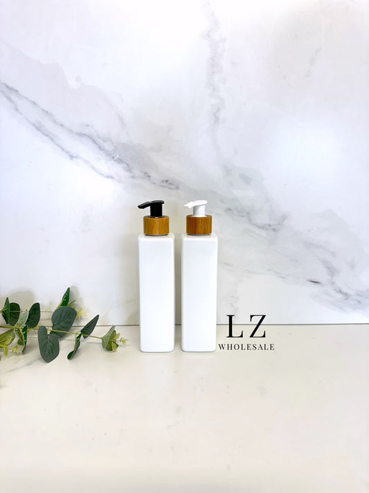 White Square 250ml Bottle With Bamboo Pump