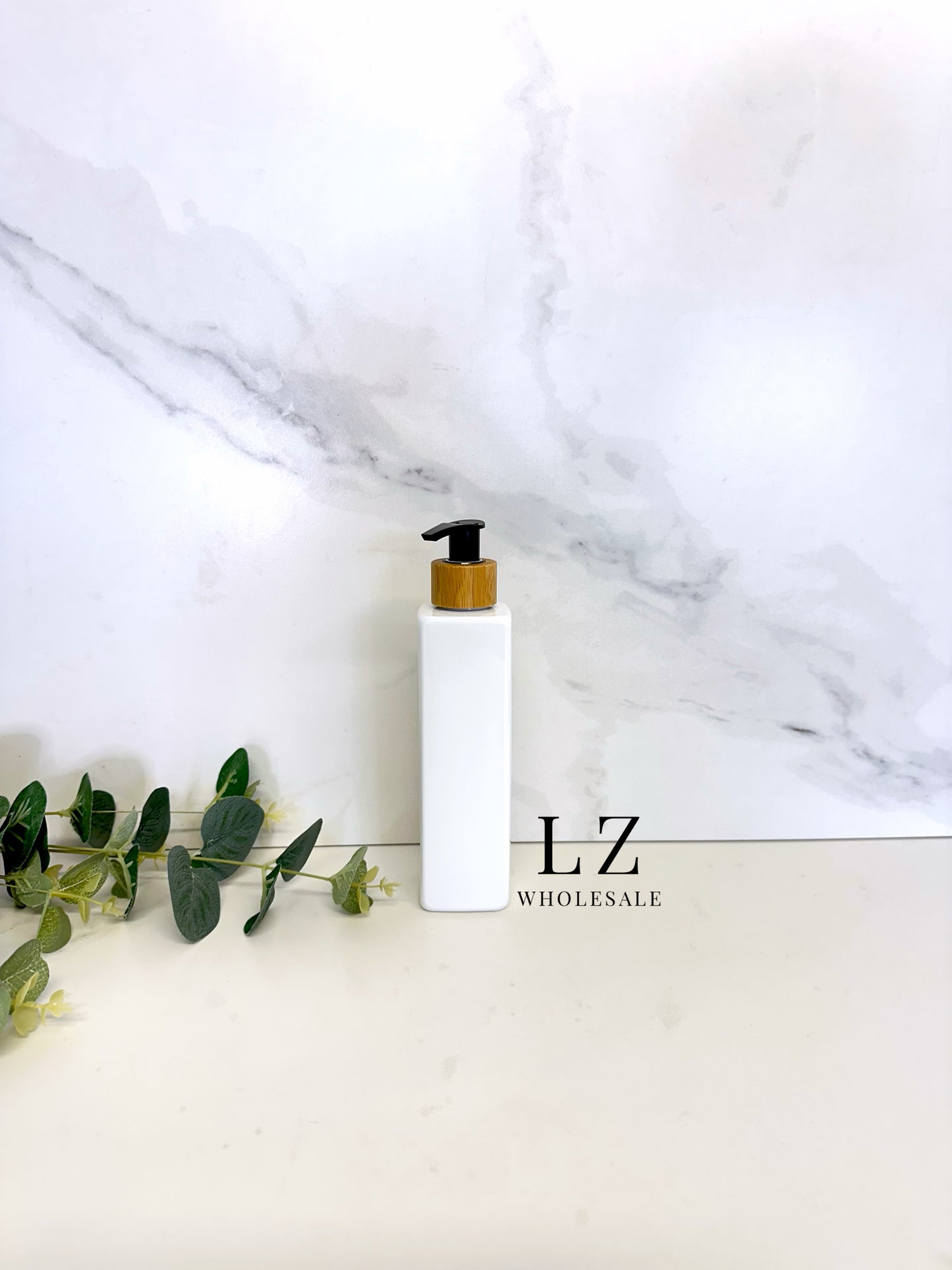 White Square 250ml Bottle With Bamboo Pump