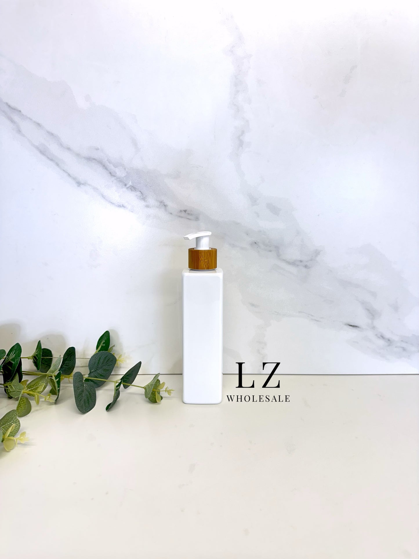 White Square 250ml Bottle With Bamboo Pump