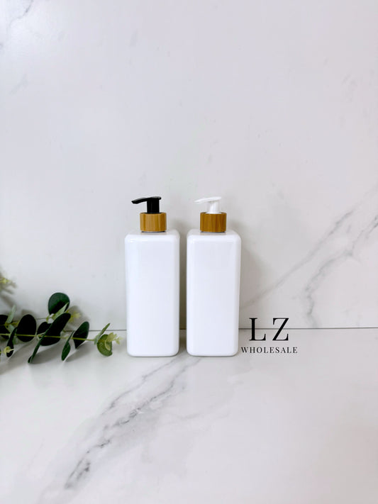 200x White Square 500ml Bottle With Bamboo Pump - Bulk Buy